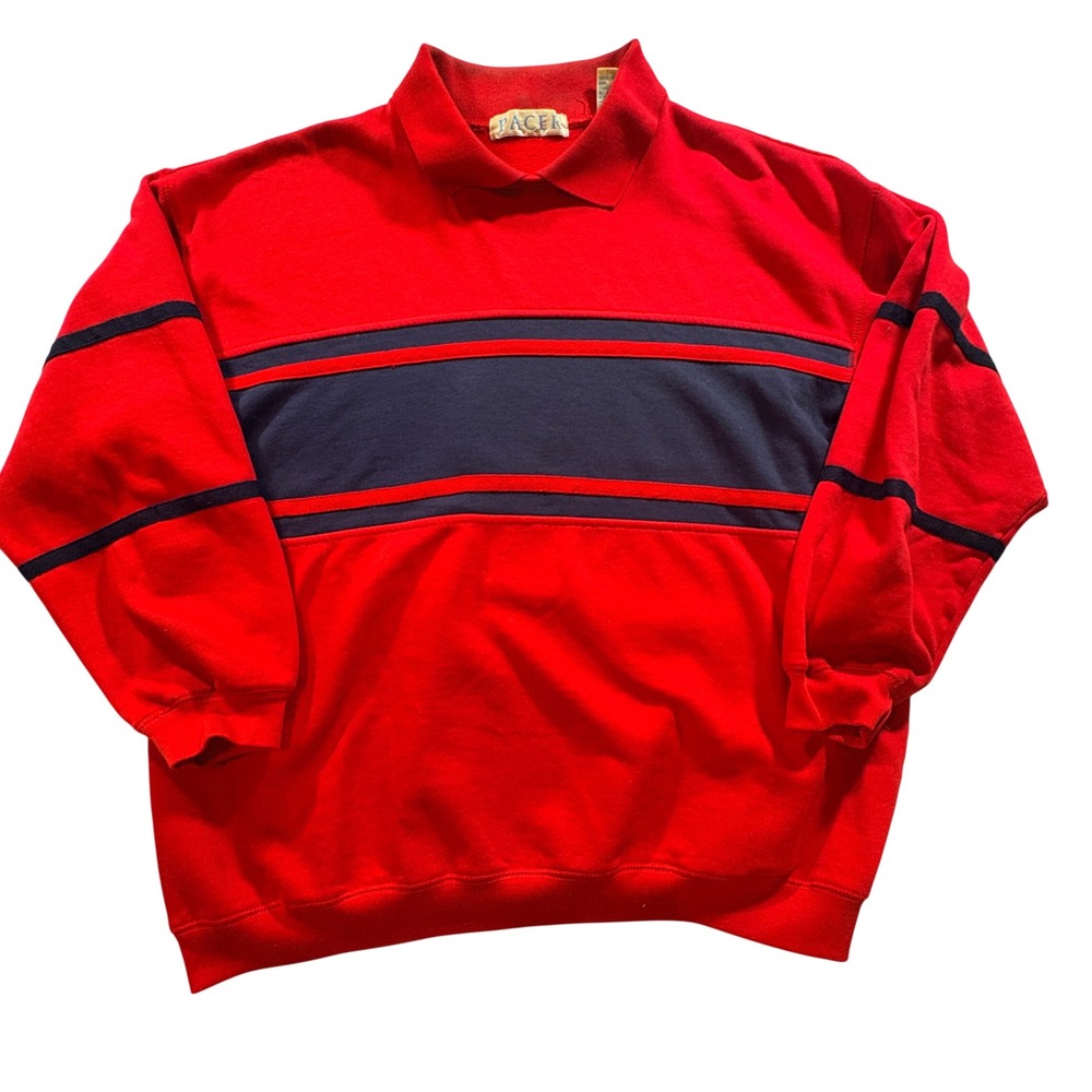 Pacer Collared Sweatshirt Mens Large Red Navy Striped Fleece Pullover Vintage